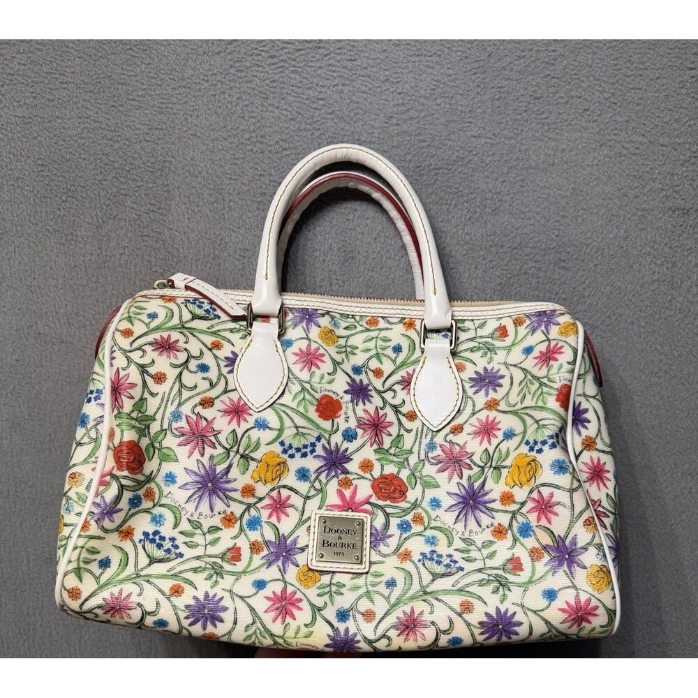Dooney & Bourke Women Floral Satchel Handbag White Leather Trim Multicolor Purse